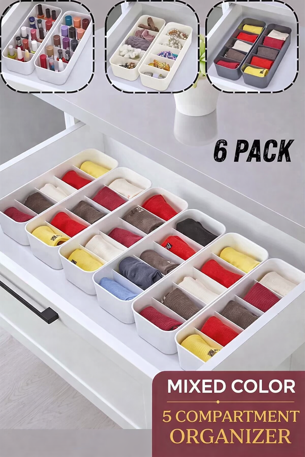 5 Compartment Drawer Organizer Set 6 Jewelry Underwear Storage Boxes